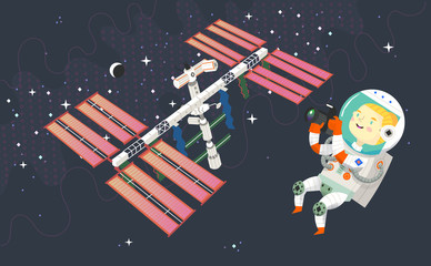Woman astronaut in outer space is taking pictures of the space station, the moon and constellations