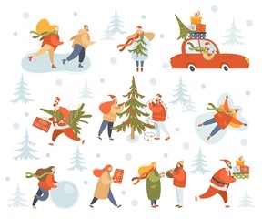 Vector winter season set. Christmas holidays outdoor activities. People decorating xmas tree, carrying gift boxes, skating, drink coffee.