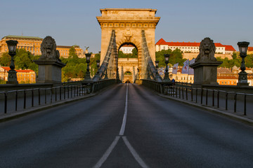 Szechenyi Chain Bridge between Buda and Pest on the river Danube in the capital of Hungary .  Budapest.  Symbol to Budapest. European city Budapest.