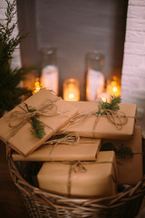 Full basket of Christmas gifts. The concept of a winter holiday.