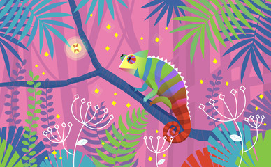 Colorful pink illustration with chameleon lizard sitting on a branch in tropical jungle. Surrounded by imaginary plants © snegok13