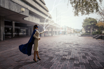 Super woman in sky. Mixed media
