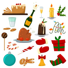 Christmas food dinner vector set: pudding, a bottle of champagne, turkey, candies and cookies, etc. Traditional symbol of holiday new year.