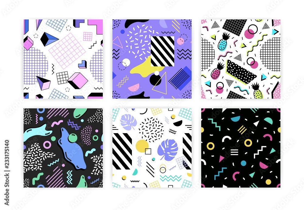Poster collection of seamless patterns with leaves, geometric shapes, stripes and zigzag lines, pineapples.