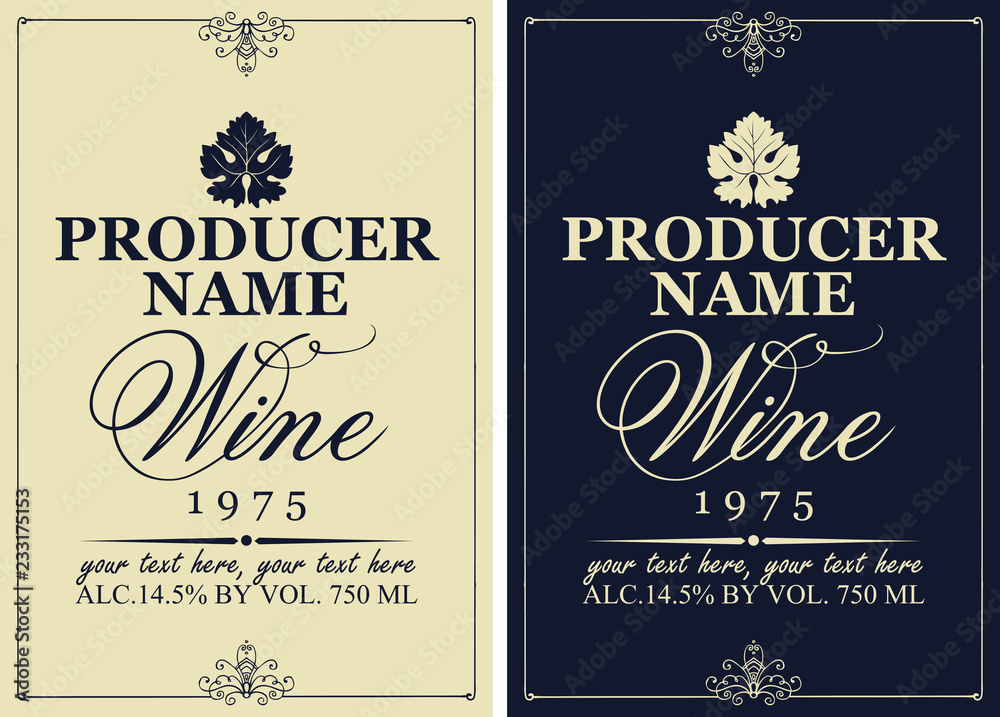 Wall mural set of two vector wine labels with vine leaves and calligraphic inscriptions in retro style