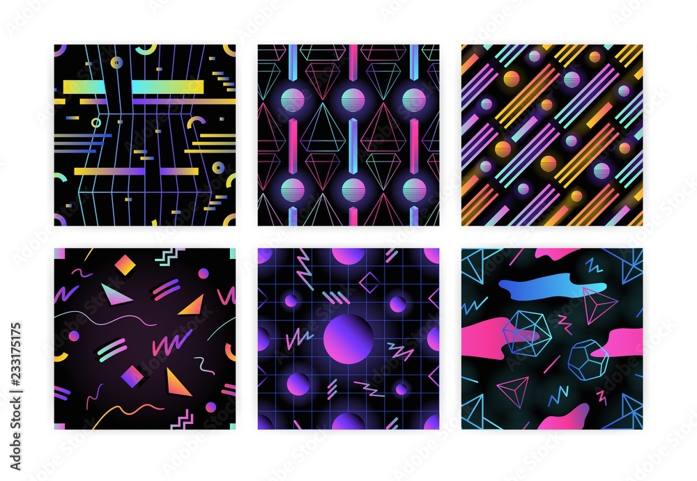 Poster Bundle of retro futuristic seamless pattern with glowing gradient colored geometric shapes and lines against black background. Vector illustration in trendy style for wrapping paper, fabric print.