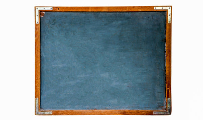 Blue old grungy vintage wooden empty school chalkboard or retro blackboard with weathered frame isolated on seamless white background. Concept for education with empty space for text message.