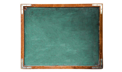 Green old grungy vintage wooden empty school chalkboard or retro blackboard with weathered frame isolated on seamless white background. Concept for education with empty space for text message.