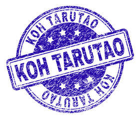 KOH TARUTAO stamp seal watermark with grunge texture. Designed with rounded rectangles and circles. Blue vector rubber print of KOH TARUTAO caption with unclean texture.