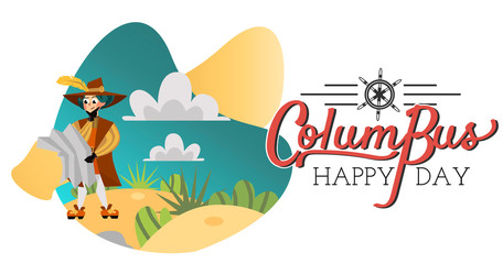 Happy Columbus day poster with great spanish sailor