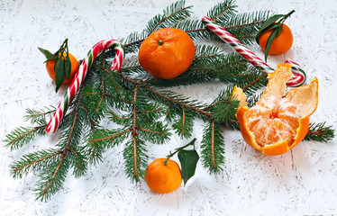 Fototapeta na wymiar Spruce branches, tangerines, candies on a white background. View from above. New Year's and Christmas