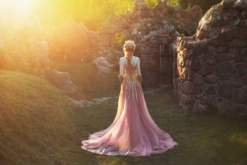 Shooting without a face, from the back. Wonderful princess with blond hair and a crown.