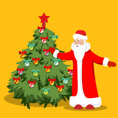 The small green Christmas tree is brightly decorated with balloons and kind Santa Claus. Illustration in flat style.