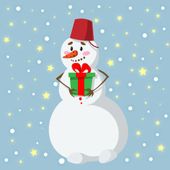Happy snowman in a striped scarf on the eve of Christmas. Illustration in flat style.