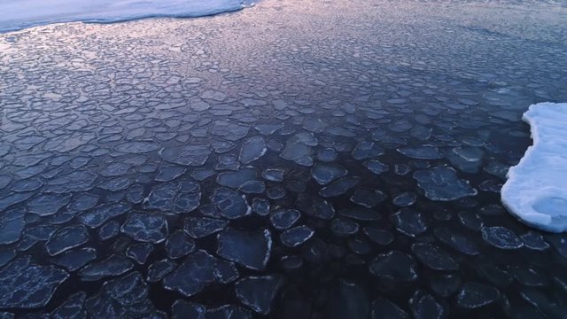 Frozen winter sea melting and ice floes drifting with waves aerial shot