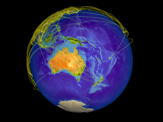 Australia from space on Earth with lines representing international communication, travel, connections.
