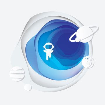 Abstract paper cut art illustration of universe, planets and an astronaut isolated on a light background