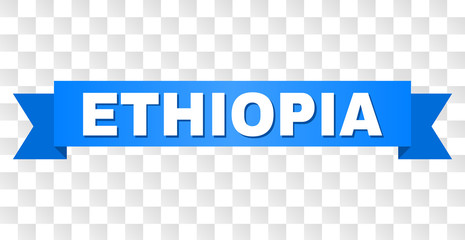 ETHIOPIA text on a ribbon. Designed with white caption and blue stripe. Vector banner with ETHIOPIA tag on a transparent background.