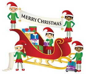 Obraz premium Merry Christmas - Santa's elves loading sleigh with gifts
