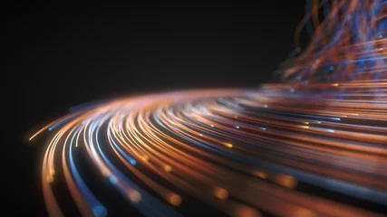 Poster glowing fiber optic strings in dark. 3d illustration © kmls