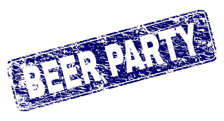 BEER PARTY stamp seal print with grunge texture. Seal shape is a rounded rectangle with frame. Blue vector rubber print of BEER PARTY caption with scratched style.