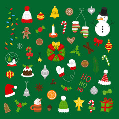 Christmas colorful vector illustration icon set. Cute xmas festive, holiday, seasonal collection of objects for web or print, isolated on green background.