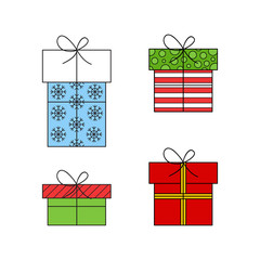 Christmas wrapped gifts vector illustration. Cute festive, seasonal xmas boxes, isolated outlined icons.