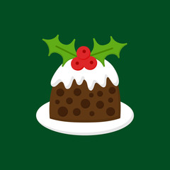 Christmas pudding vector illustration icon. Seasonal, festive, traditional holiday dessert on plate with cream on top and mistletoe decoration. Isolated on green background.