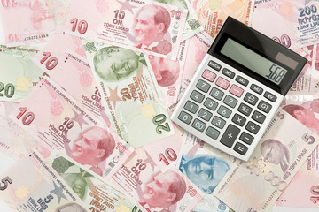 Electronic calculator on variety of Turkish lira for inflation in Turkey concept.   