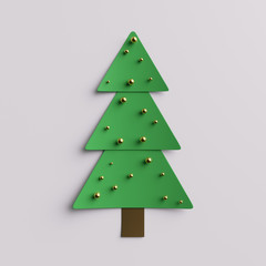 3d render abstract christmas tree background. Simple christmas tree with metall shiny balls...