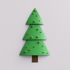 3d render abstract christmas tree background. Simple christmas tree with metall shiny balls...
