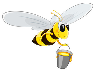 Character bee with a bucket. Flies to collect honey. Isolated on white background. EPS10 vector illustration.