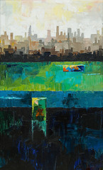 Original oil painting, abstract city by the ocean