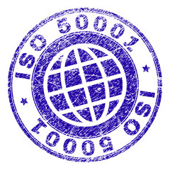 ISO 50001 stamp print with grunge texture. Blue vector rubber seal print of ISO 50001 tag with dust texture. Seal has words placed by circle and planet symbol.