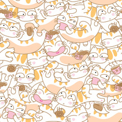 Funny cats and coffee cup seamless pattern background