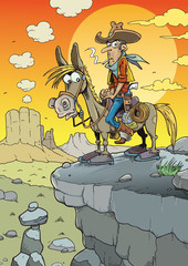 Wild west hero, cowboy riding horse at sunset