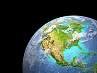 North America on Earth from space. Very fine detail of planet surface, realistic clouds and visible ocean floor.