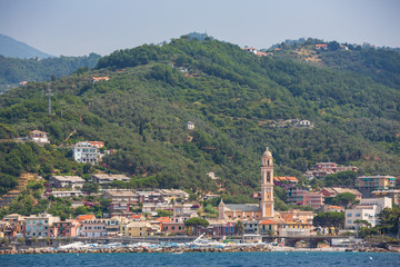 Close up view of the church in Moneglia on the Ligurian coast in Italy, as seen from the sea