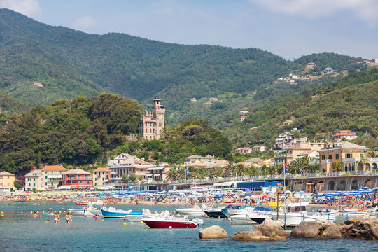 The harbour at Moneglia on the Ligurian coast in Italy, with the De Fornari castle in the background