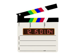 A modern film slate, with an electronic display on a white background, black subtitles and a table, and a black top with colorful stripes