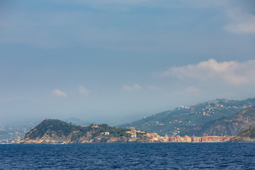Fototapeta na wymiar The Ligurian coastal town of Rapallo in Italy, as seen from the sea