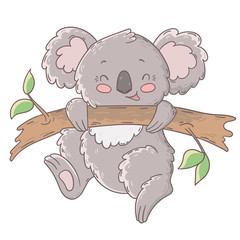 Cute happy koala hangs on a branch