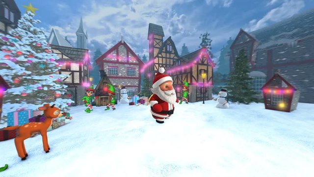 Cute Santa dancing salsa in a Christmas village with elfs and a carrousel. Seamless funny Christmas animation.