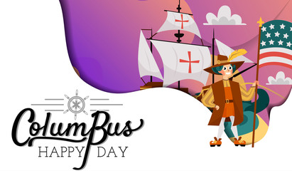 Columbus Day poster with Columb and Santa Maria card text logo design template,
