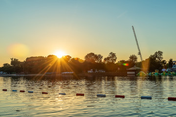 Naklejka premium Belgrade, Serbia - 20 June, 2018: Sunset of beautiful Ada Ciganlija Lake In Belgrade 