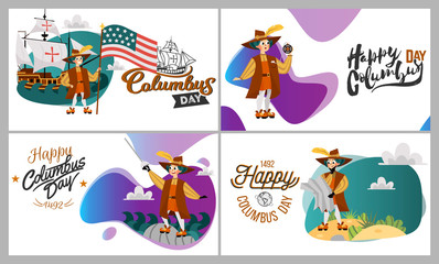 Fototapeta premium Columbus Day set with ship map helm compass symbols greeting card lettering text logo design