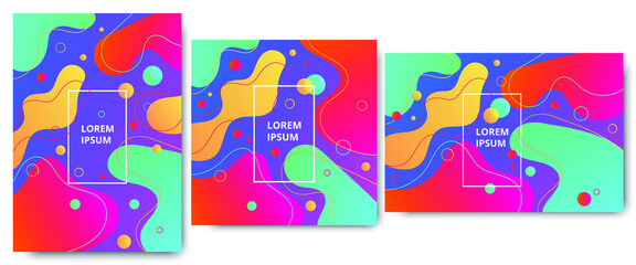 Naklejka premium Creative abstract fluide shape geometric pattern background or wallpaper set. Trendy, colorsul vibrant gradient shapes composition texture. Tree version of formats: vertical, horisontal, square.