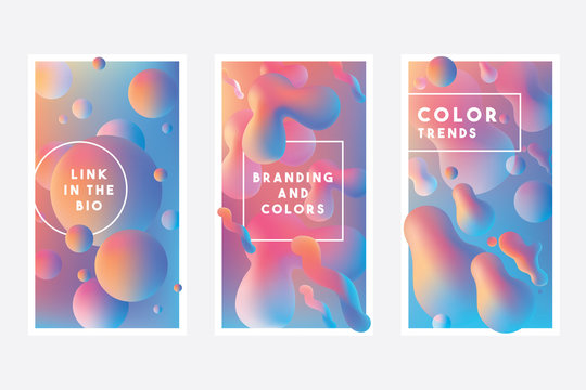 Set of colorful vibrant Holographic web banners with abstract liquid gradient shapes in blue, pink and orange color combination