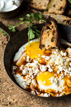 Fried eggs in garlic yoghurt with grilled bread