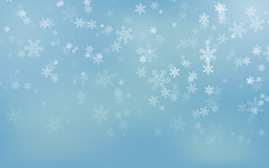 Naklejka na ściany i meble Falling Christmas snowflakes on blue background. Merry Christmas background. Winter season. Vector illustration
